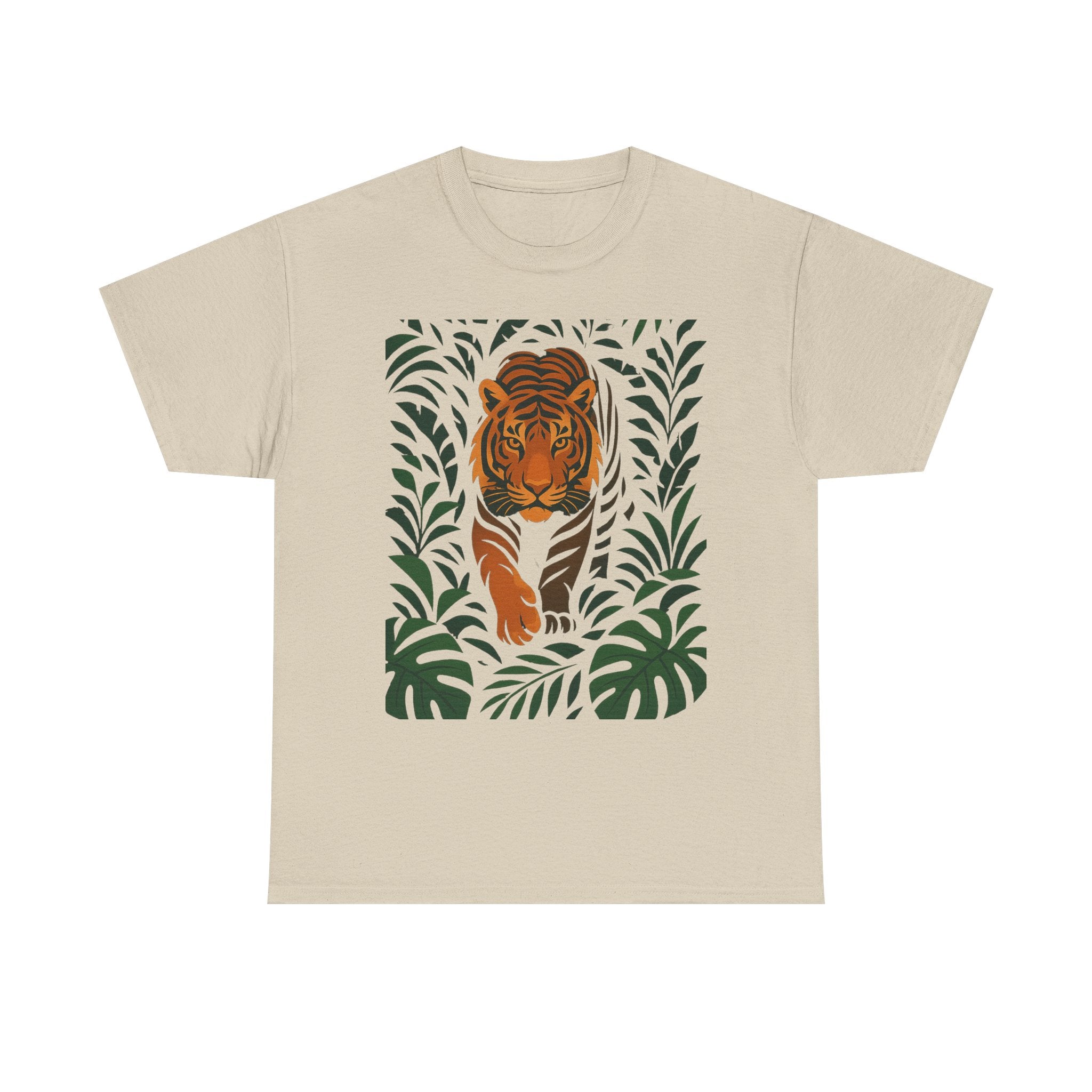 Tiger Jungle Illustration Tee | Botanical Leaves, Stalking Tiger