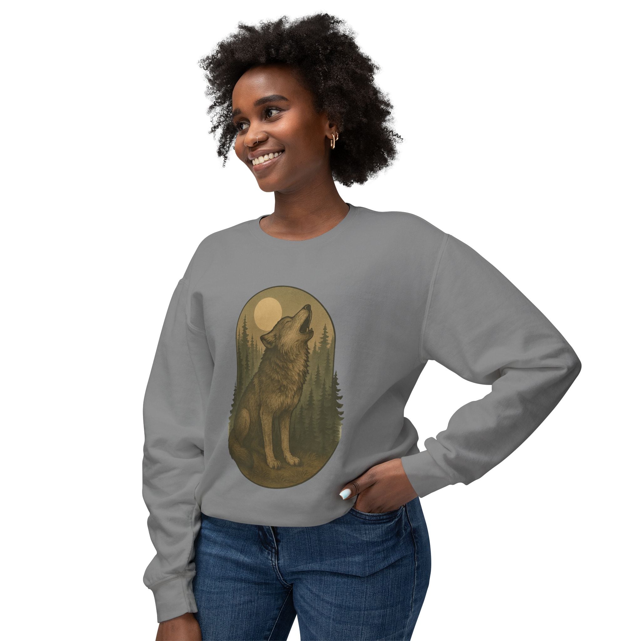 Howling Wolf Crewneck Sweatshirt | Moonlit Forest Wildlife Graphic