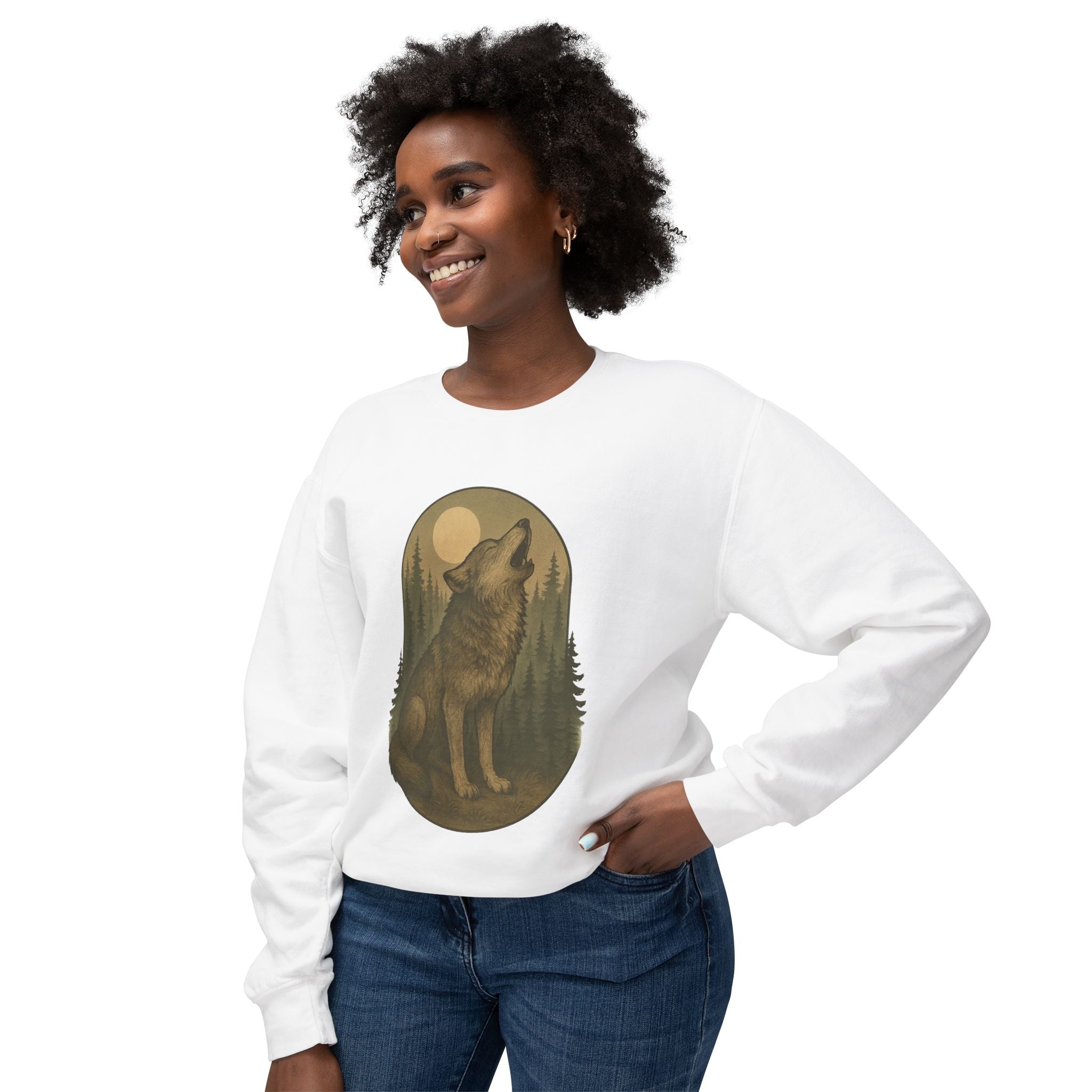 Howling Wolf Crewneck Sweatshirt | Moonlit Forest Wildlife Graphic