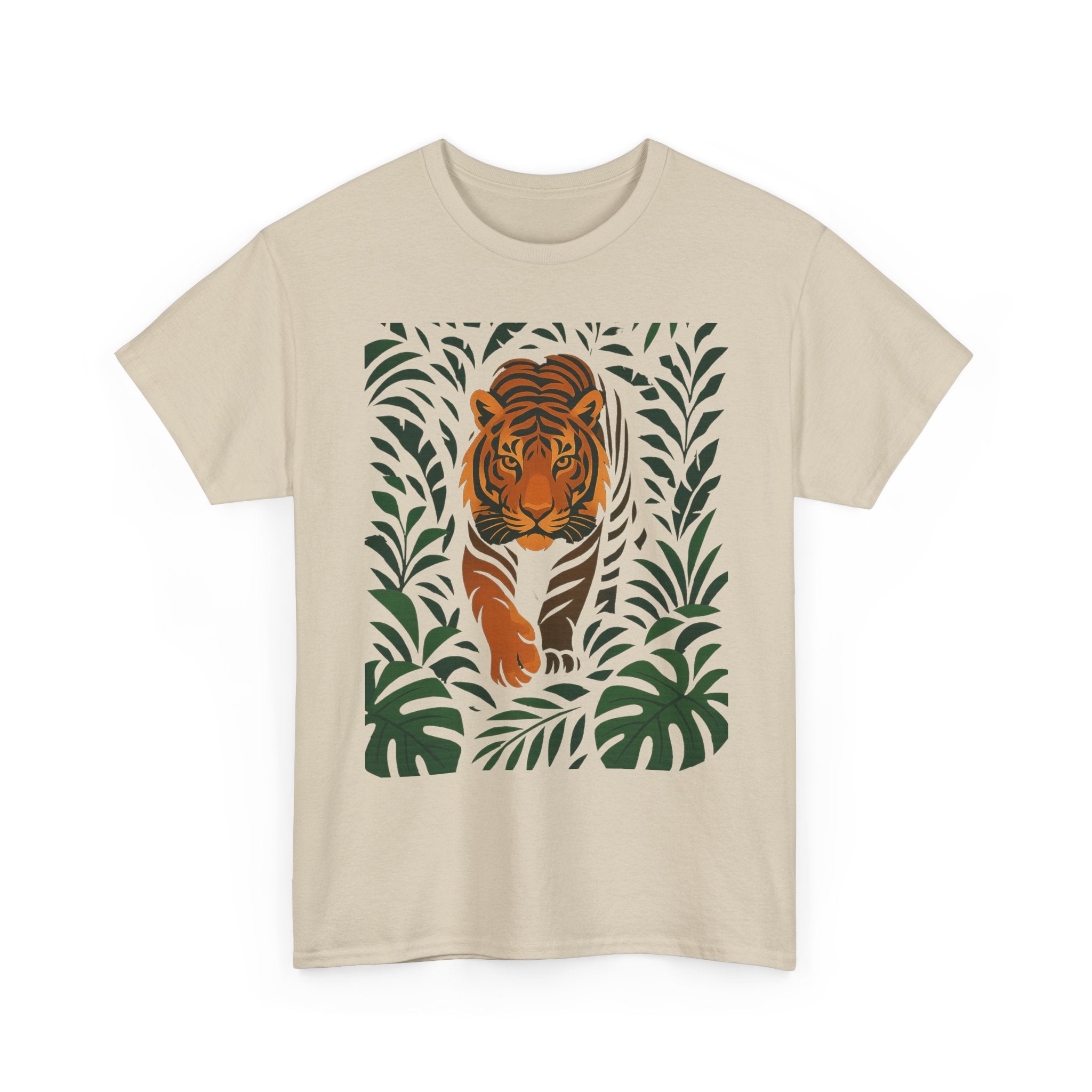 Tiger Jungle Illustration Tee | Botanical Leaves, Stalking Tiger