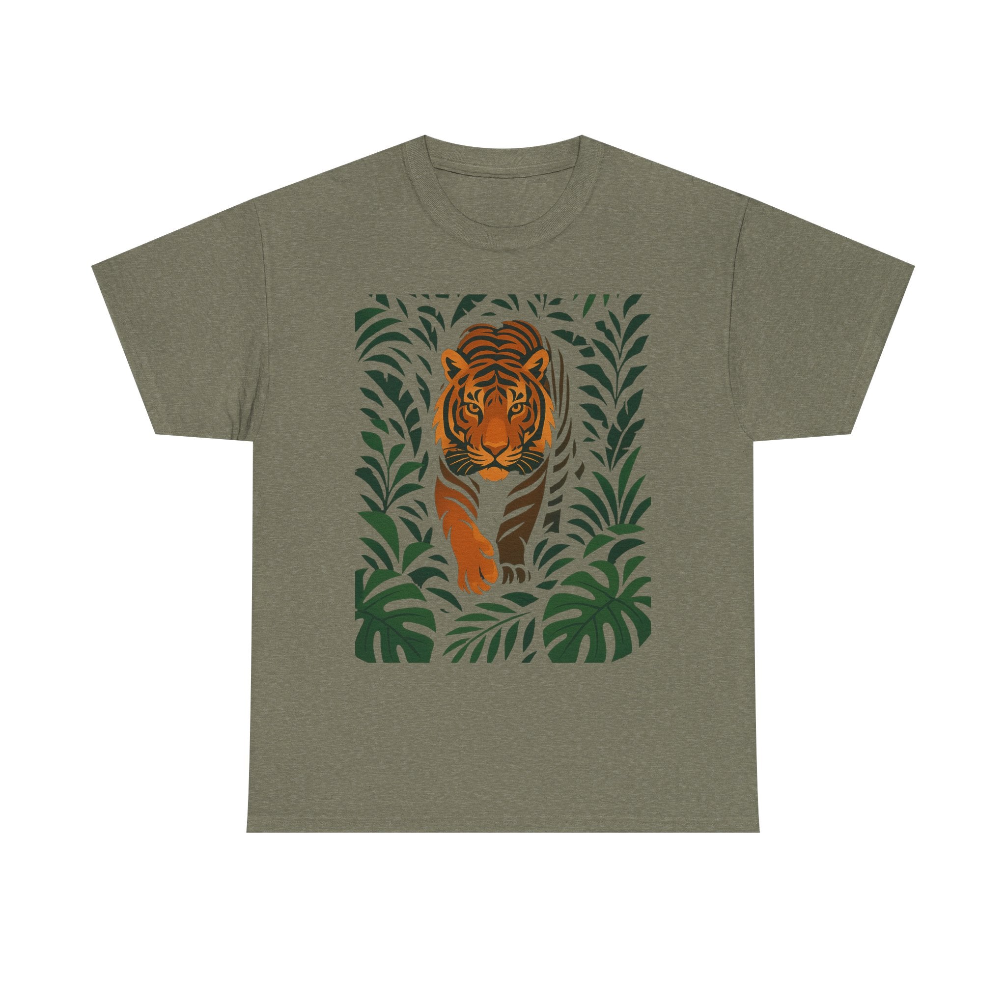 Tiger Jungle Illustration Tee | Botanical Leaves, Stalking Tiger
