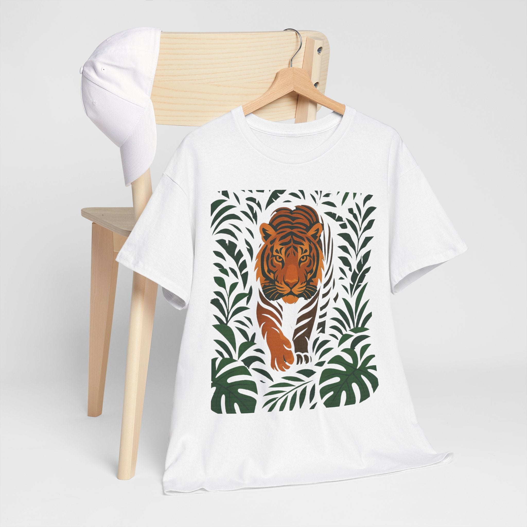 Tiger Jungle Illustration Tee | Botanical Leaves, Stalking Tiger