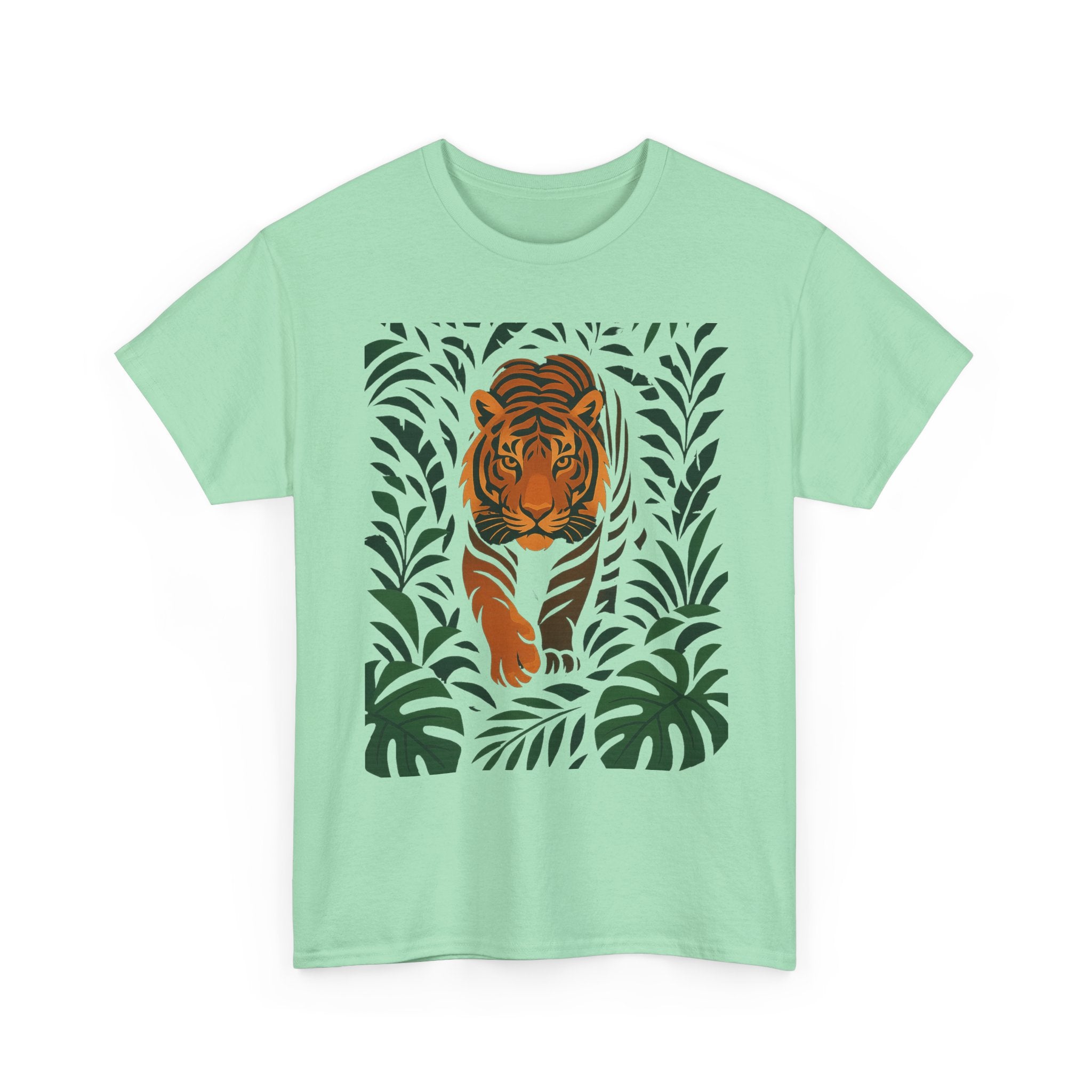 Tiger Jungle Illustration Tee | Botanical Leaves, Stalking Tiger