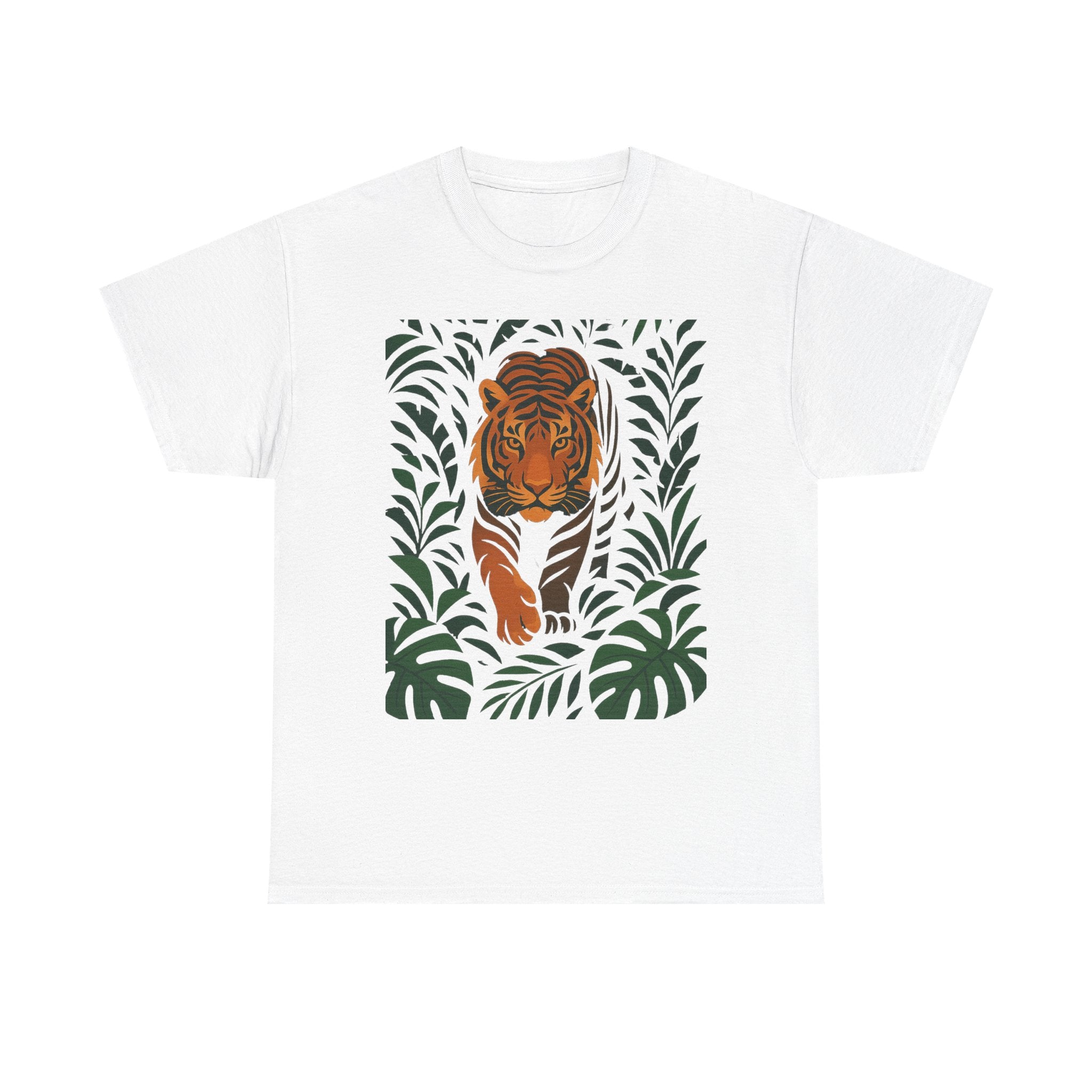 Tiger Jungle Illustration Tee | Botanical Leaves, Stalking Tiger