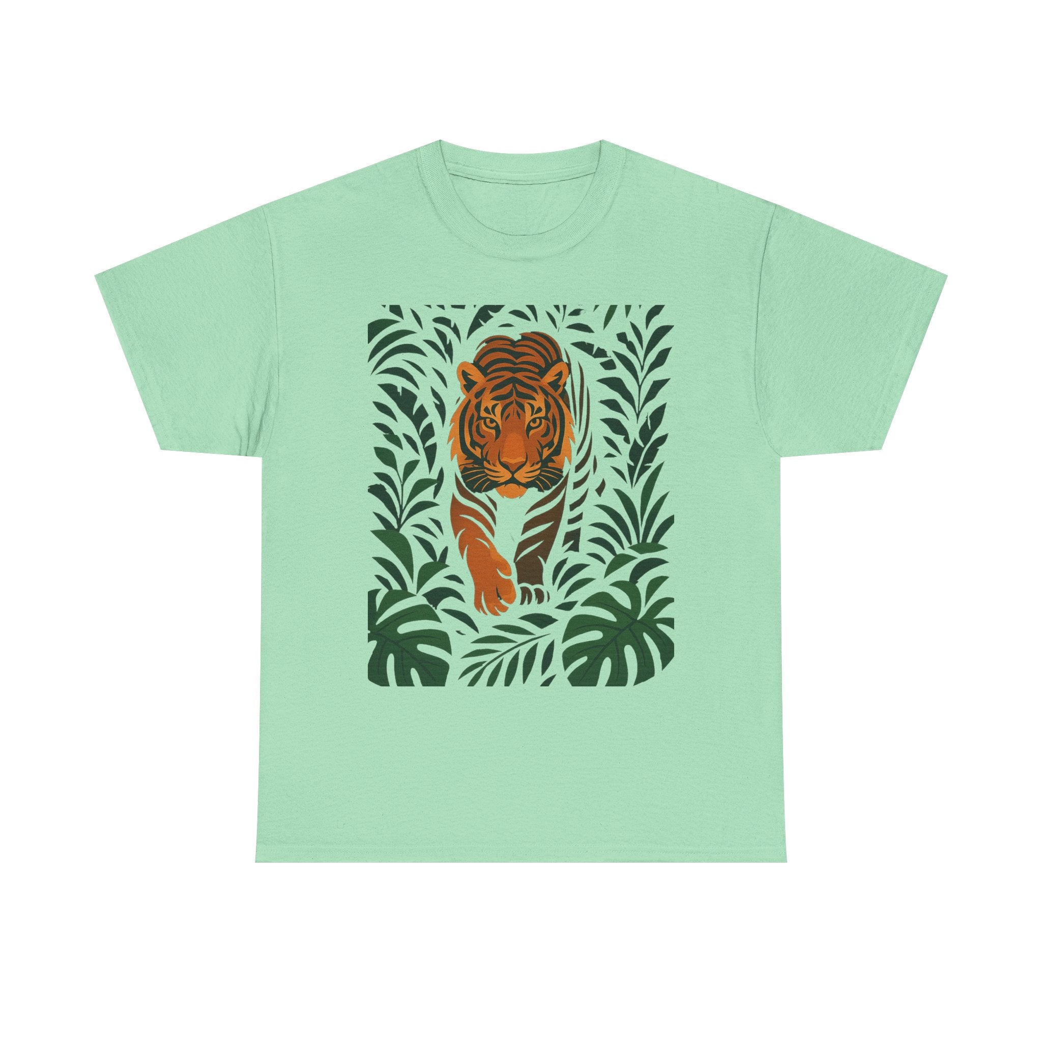 Tiger Jungle Illustration Tee | Botanical Leaves, Stalking Tiger
