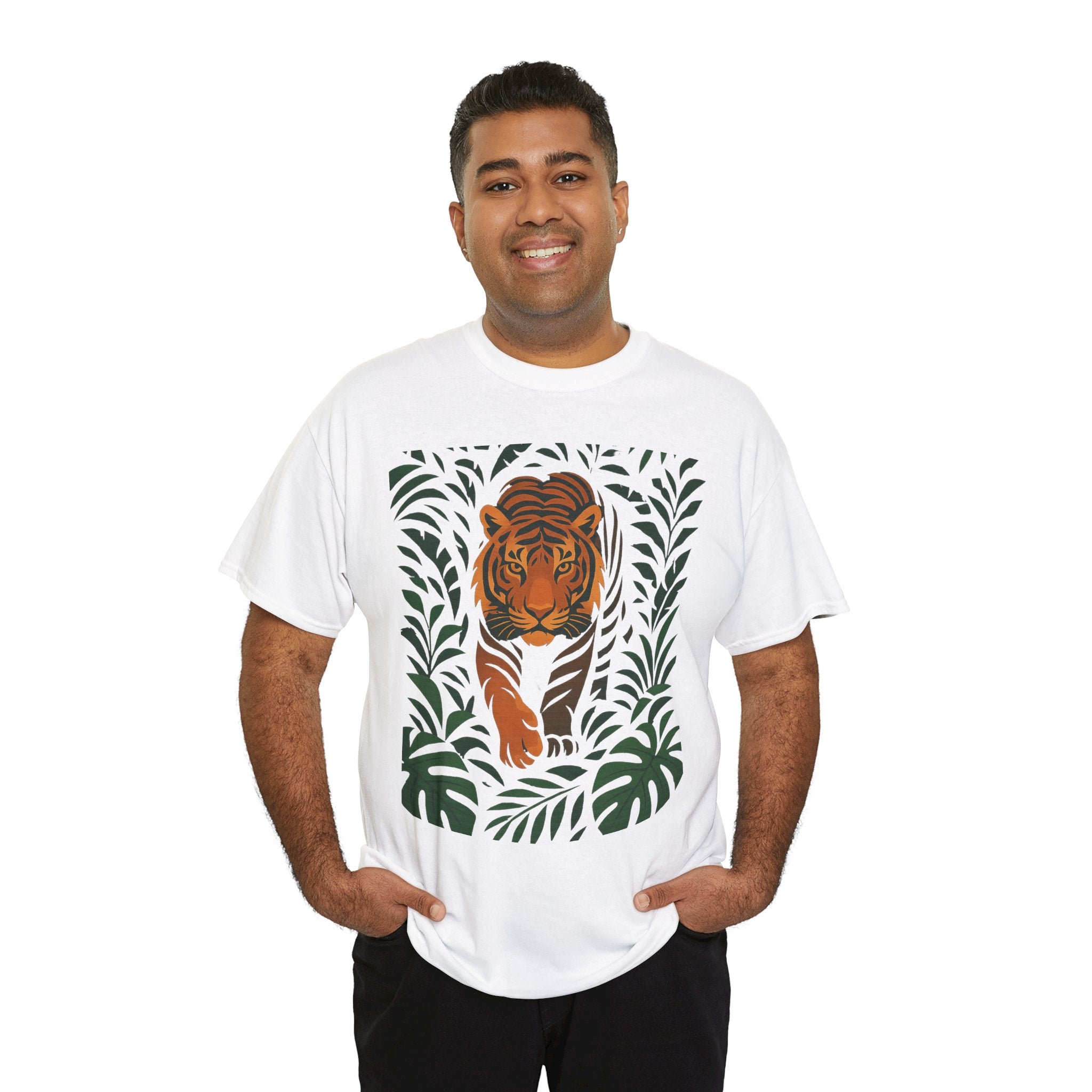 Tiger Jungle Illustration Tee | Botanical Leaves, Stalking Tiger