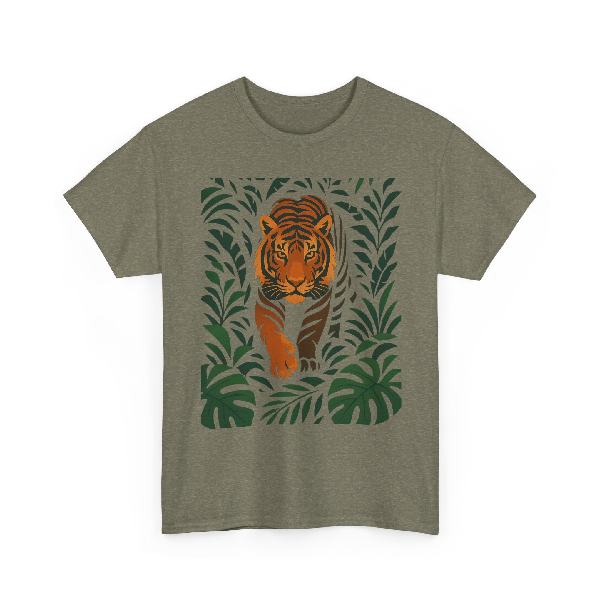 Tiger Jungle Illustration Tee | Botanical Leaves, Stalking Tiger