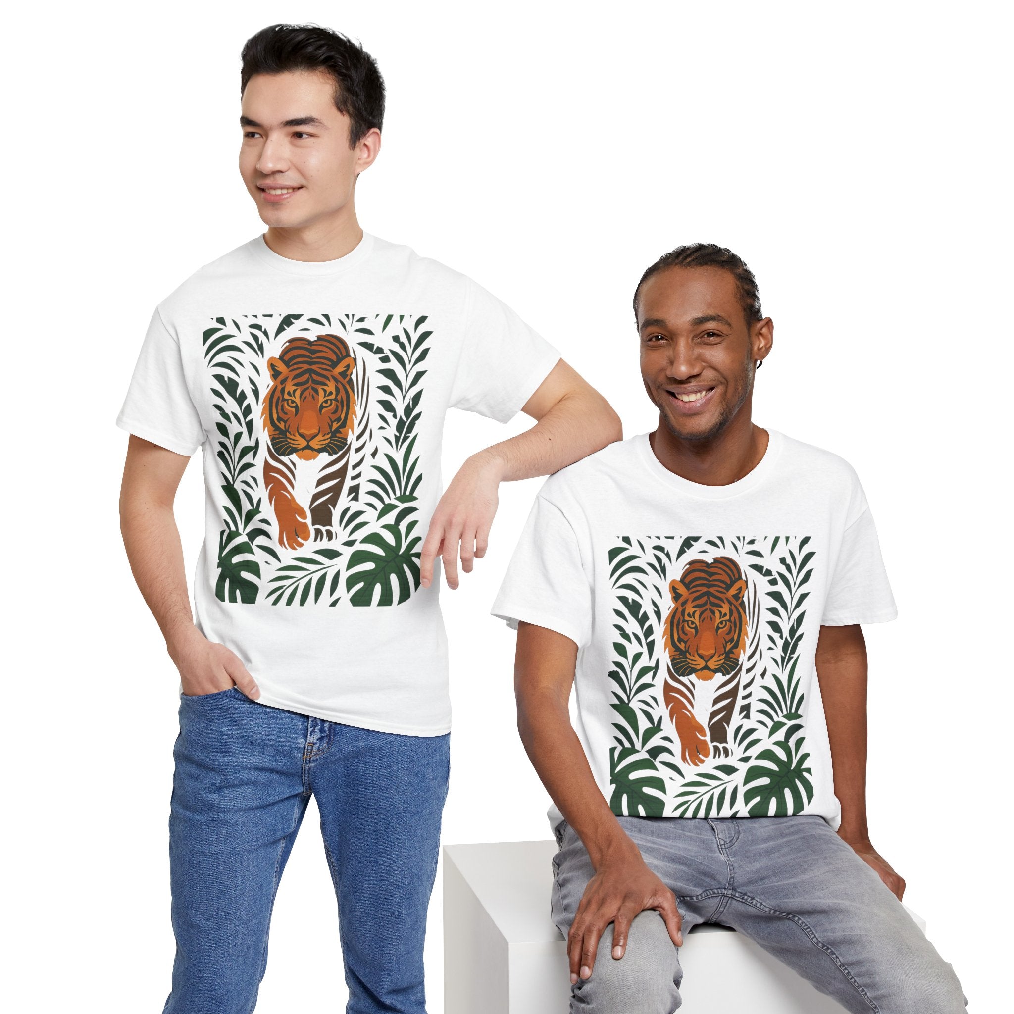 Tiger Jungle Illustration Tee | Botanical Leaves, Stalking Tiger